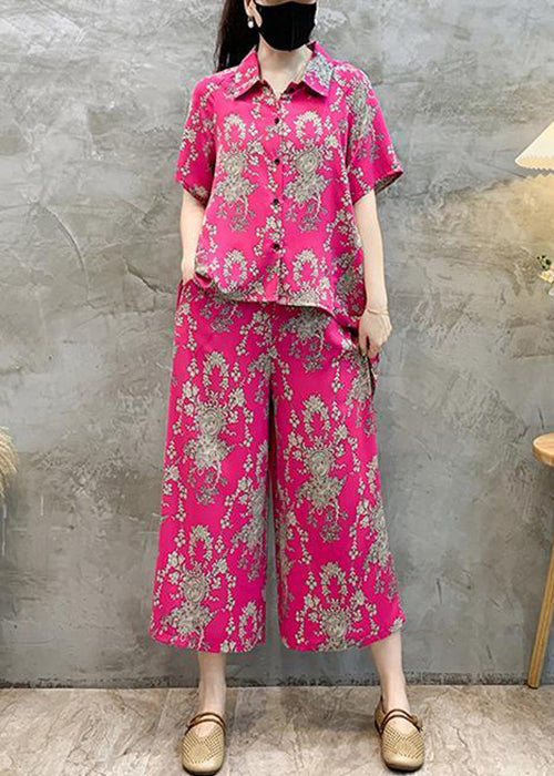 New Rose Print Shirts Tops And Crop Pants Cotton Two Pieces Set Summer