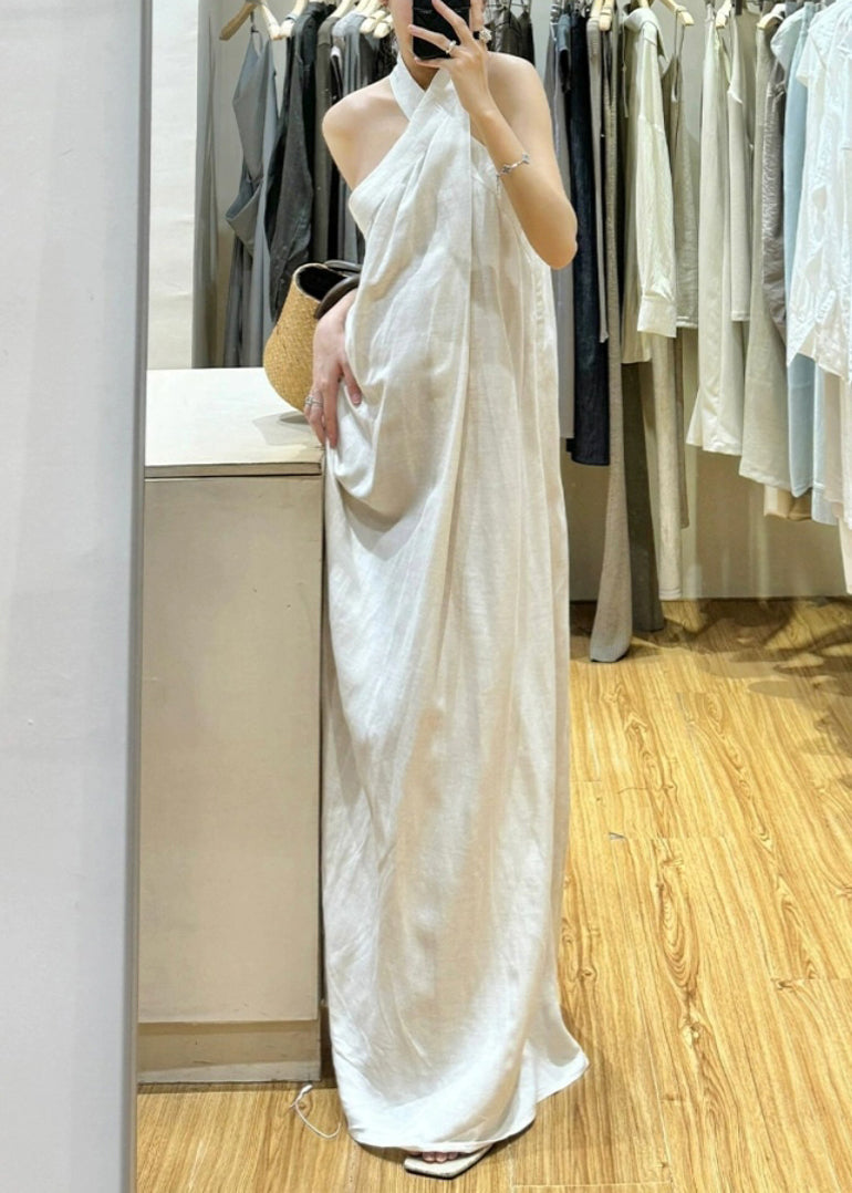 New White Cold Shoulder Solid Cotton Maxi Dresses Sleeveless