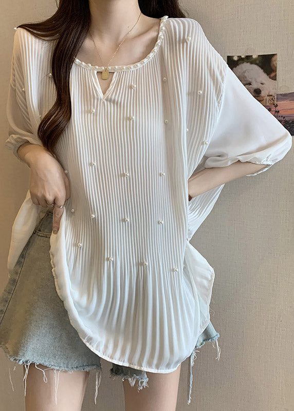 New White O Neck Nail Bead Wrinkled Shirt Tops Summer