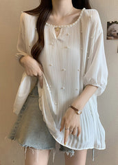 New White O Neck Nail Bead Wrinkled Shirt Tops Summer