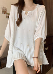 New White O Neck Nail Bead Wrinkled Shirt Tops Summer