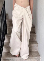 New White Wrinkled High Waist Cotton Pants Summer