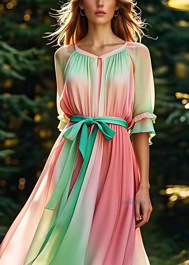 Novelty Colorblock Wrinkled Tie Waist Silk Long Dress Summer