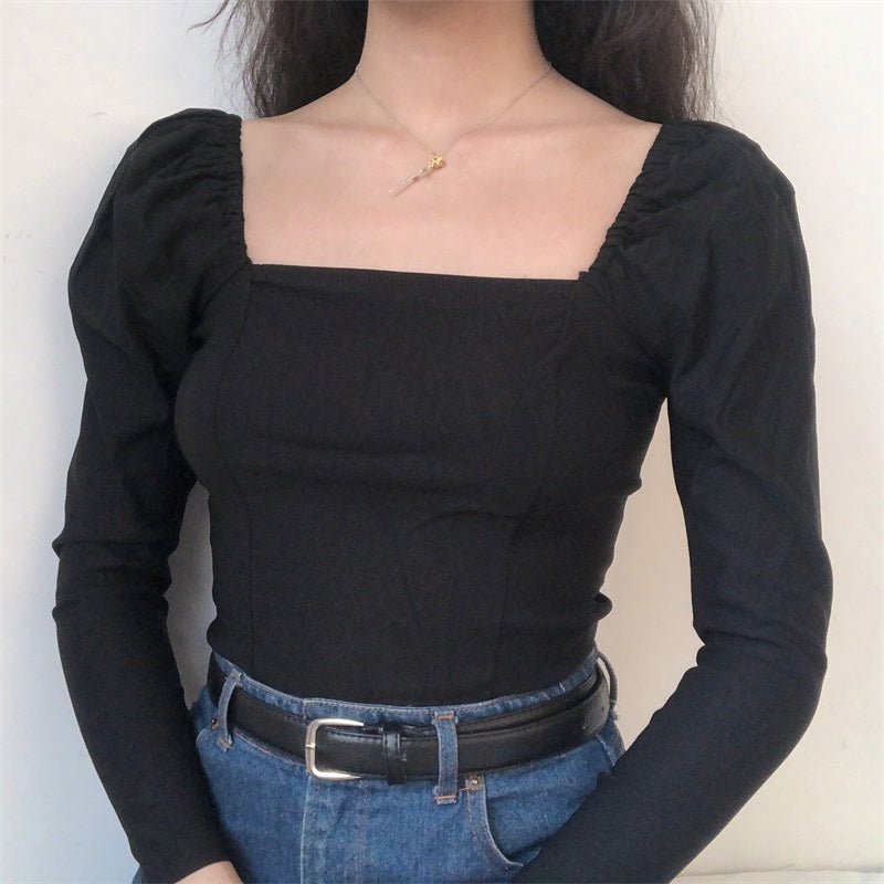 Black Slim Square Neck Top