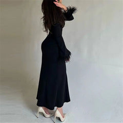 Elegant Simple Black And White Feather Long Sleeve Party Dress