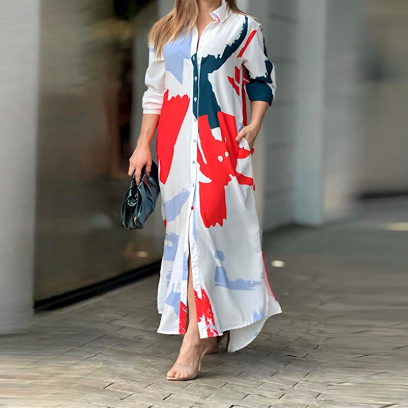 Artistic Color-Block Split-Joint Shirt Dress