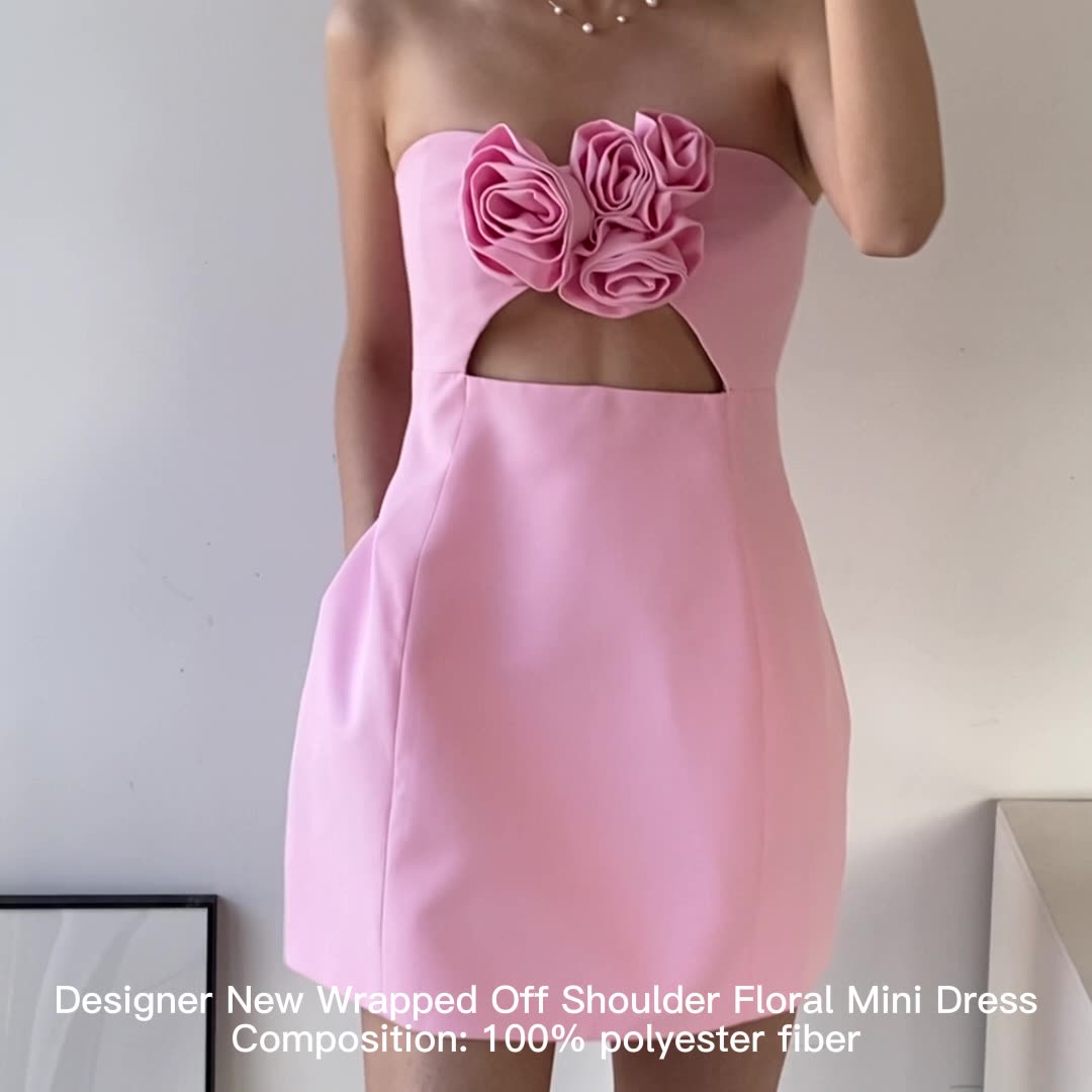 Anwen Strapless Flower Mini Dress In Hot Pink