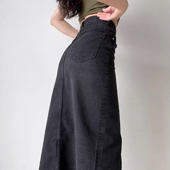 Rise Denim Split Midi Skirt