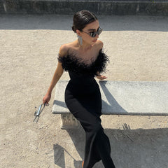 Arouette Off Shoulder Cutout Feather Satin Dress