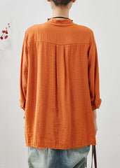 Orange Linen Blouse Top Stand Collar Embroidered Summer