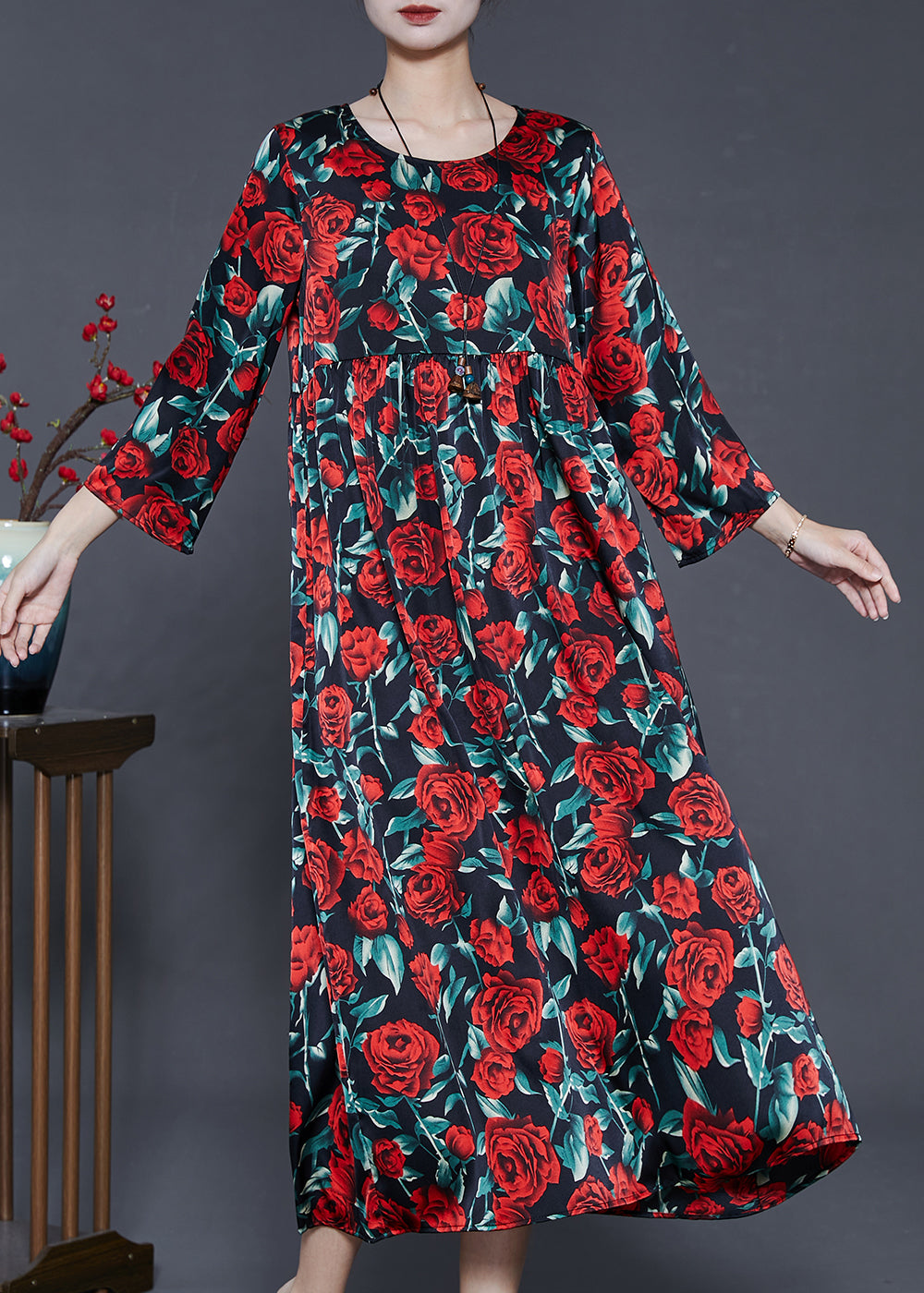 Organic Black Oversized Floral Silk Long Dresses Summer