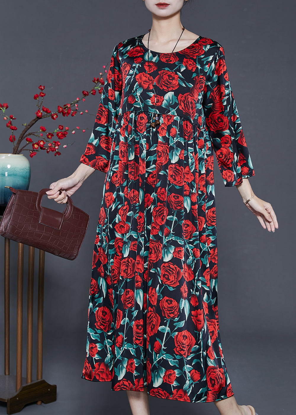 Organic Black Oversized Floral Silk Long Dresses Summer