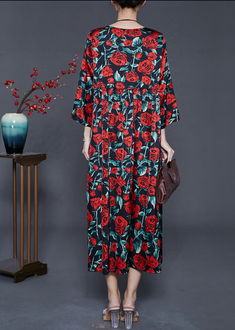 Organic Black Oversized Floral Silk Long Dresses Summer