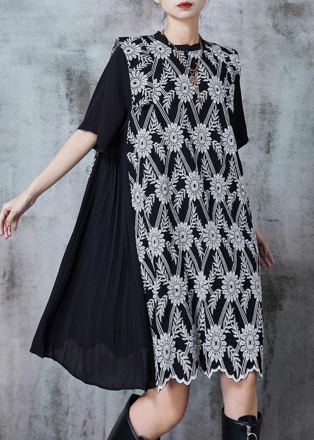 Organic Black Print Patchwork Wrinkled Chiffon Tea Dress Summer