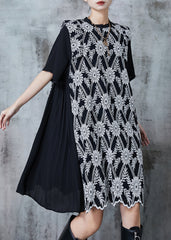 Organic Black Print Patchwork Wrinkled Chiffon Tea Dress Summer