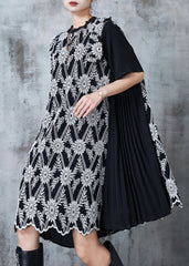 Organic Black Print Patchwork Wrinkled Chiffon Tea Dress Summer