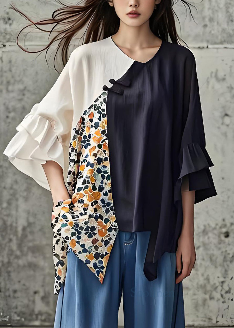 Organic Colorblock Asymmetrical Print Patchwork Cotton Top Summer