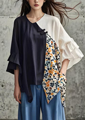 Organic Colorblock Asymmetrical Print Patchwork Cotton Top Summer