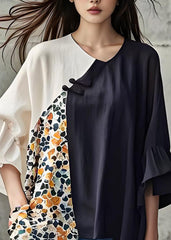 Organic Colorblock Asymmetrical Print Patchwork Cotton Top Summer