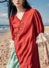 Organic Colorblock Ruffled Patchwork Cotton Dresses Summer