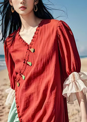 Organic Colorblock Ruffled Patchwork Cotton Dresses Summer