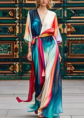 Organic Colorblock V Neck Silk Maxi Dress Long Sleeve