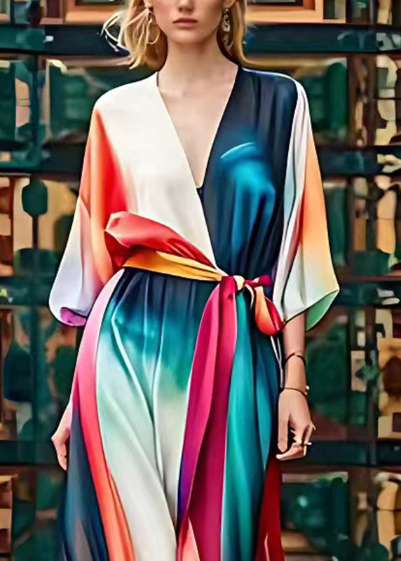 Organic Colorblock V Neck Silk Maxi Dress Long Sleeve