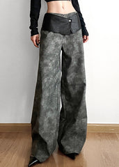 Original Dark Gray High Waist Patchwork Faux Leather Pants Fall