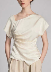 Original Design Beige Asymmetrical Design Wrinkled Silk Top Summer