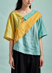 Original Design Colorblock Asymmetrical Patchwork Cotton Tops Summer