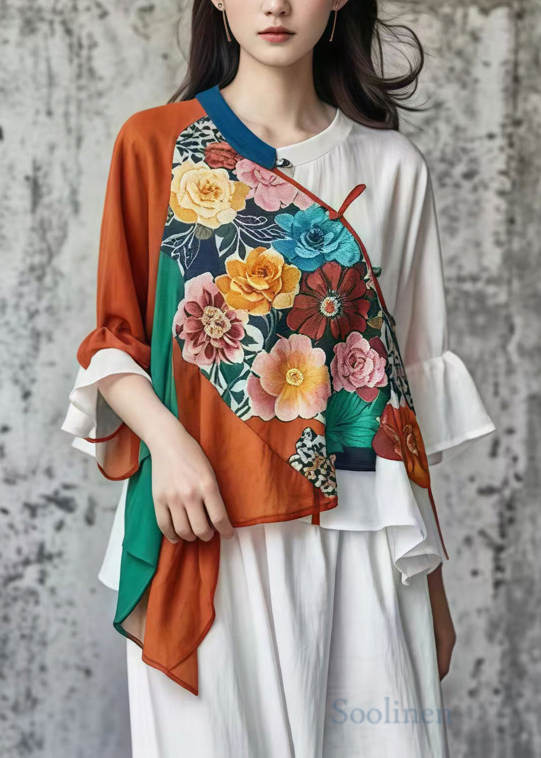 Original Design Red Flower Asymmetrical Patchwork Cotton Oriental Tops Summer