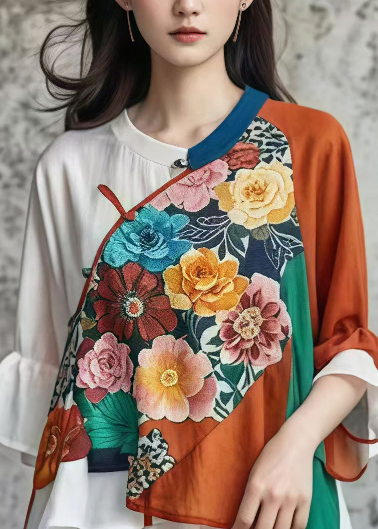 Original Design Red Flower Asymmetrical Patchwork Cotton Oriental Tops Summer