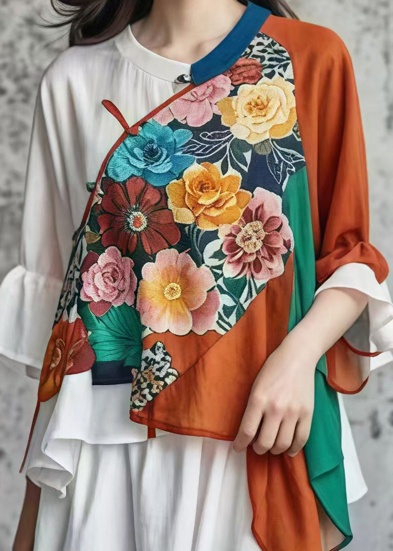 Original Design Red Flower Asymmetrical Patchwork Cotton Oriental Tops Summer