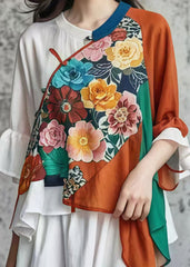 Original Design Red Flower Asymmetrical Patchwork Cotton Oriental Tops Summer