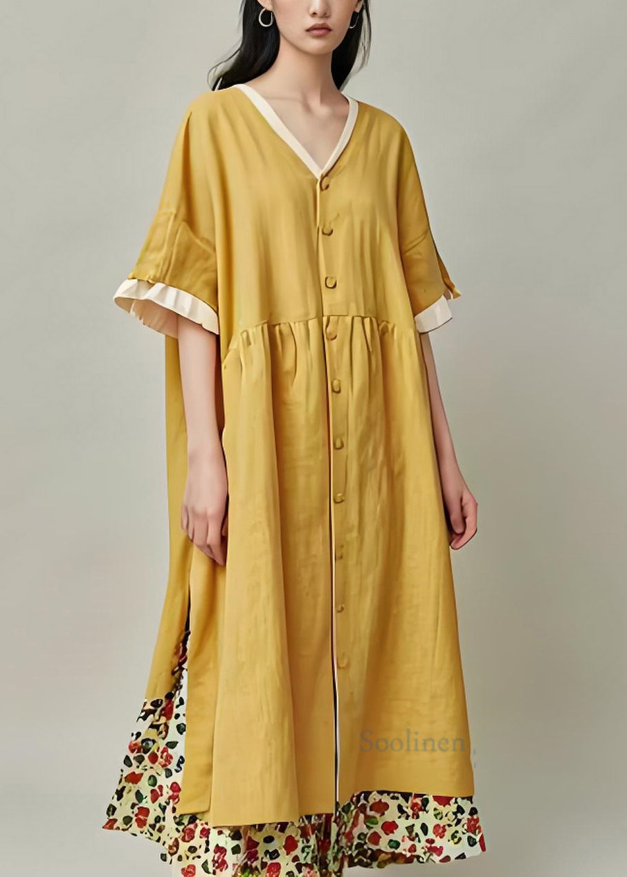 Original Design Yellow V Neck Button Patchwork Cotton Dresses Summer