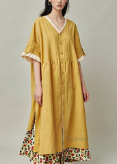 Original Design Yellow V Neck Button Patchwork Cotton Dresses Summer