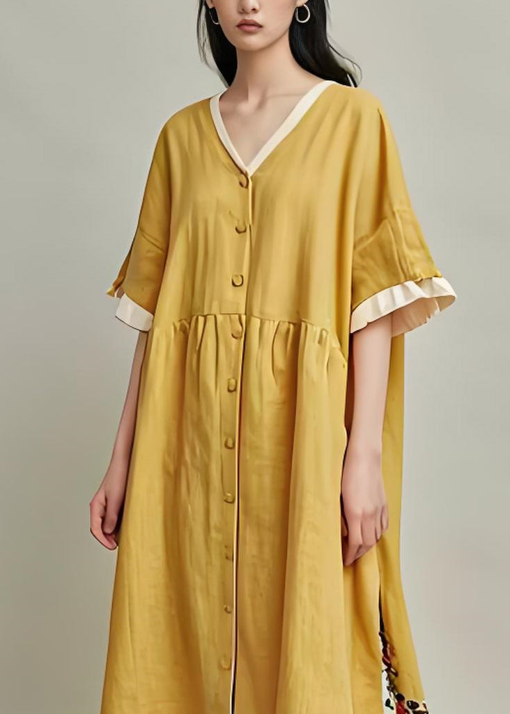 Original Design Yellow V Neck Button Patchwork Cotton Dresses Summer