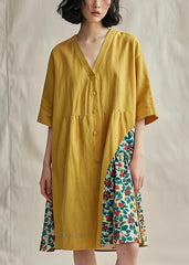 Original Yellow V Neck Print Plus Size Cotton Mid Dress Summer