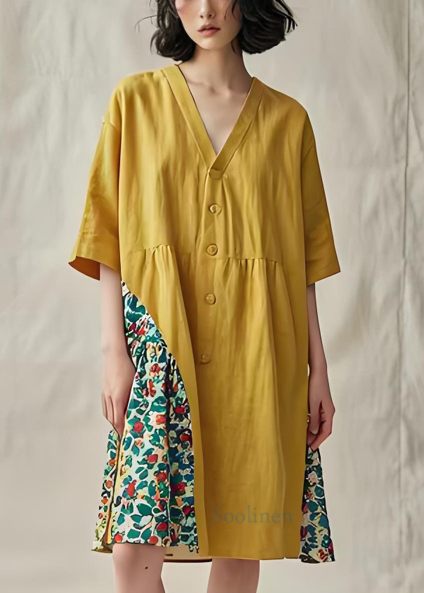 Original Yellow V Neck Print Plus Size Cotton Mid Dress Summer