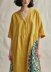 Original Yellow V Neck Print Plus Size Cotton Mid Dress Summer