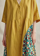 Original Yellow V Neck Print Plus Size Cotton Mid Dress Summer