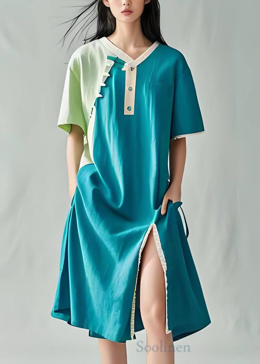 Peacock Blue Patchwork Cotton Long Dress Side Open Summer