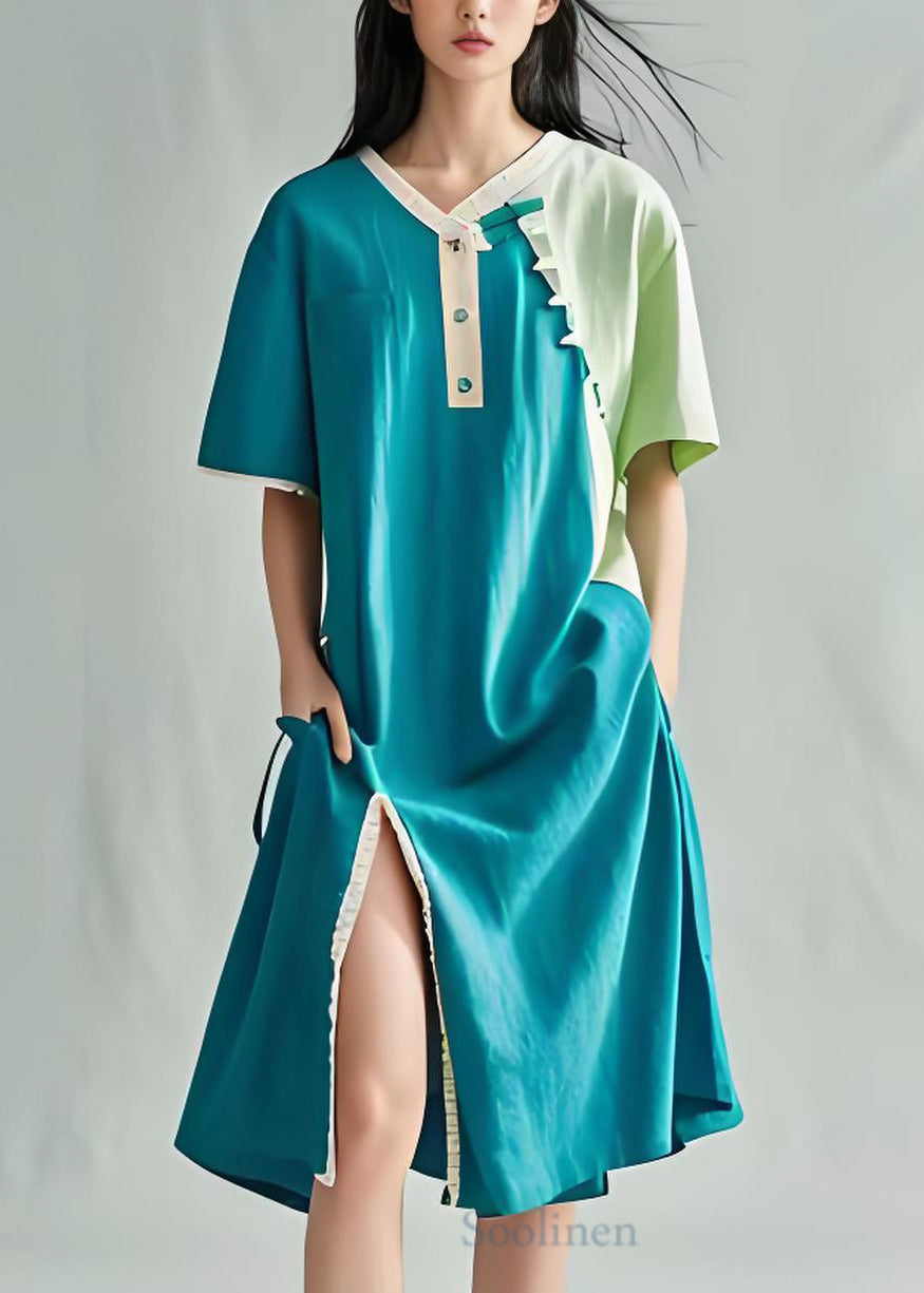 Peacock Blue Patchwork Cotton Long Dress Side Open Summer