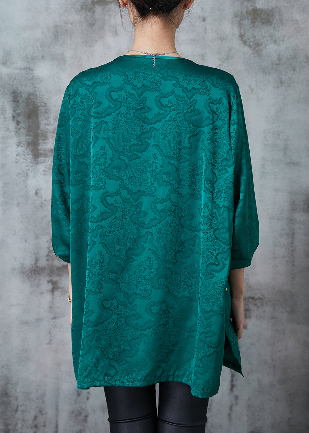 Peacock Green Print Silk Tops Chinese Button Summer