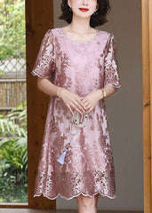 Pink Jacquard Silk Mid Dresses Silm Fit Summer