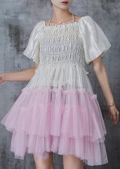 Pink Patchwork Silk Tea Dresses Halter Puff Sleeve