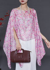 Pink Print Chiffon Shirt Tops Asymmetrical Batwing Sleeve