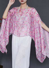 Pink Print Chiffon Shirt Tops Asymmetrical Batwing Sleeve