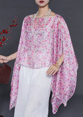 Pink Print Chiffon Shirt Tops Asymmetrical Batwing Sleeve