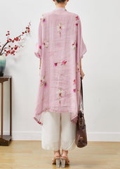 Pink Print Linen Shirt Dress Oversized Chinese Button Summer